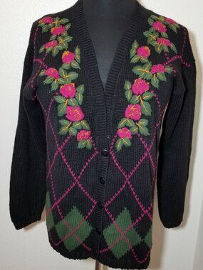 MJ Carroll Womens Large Vintage 80’s Black Floral Cardigan Old Money Granny Hip
